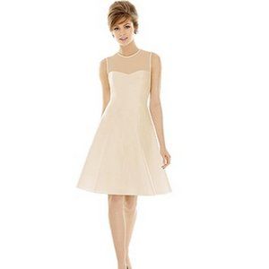 Alfred Sung, size 10, illusion top, satin midi elegant bridal wear